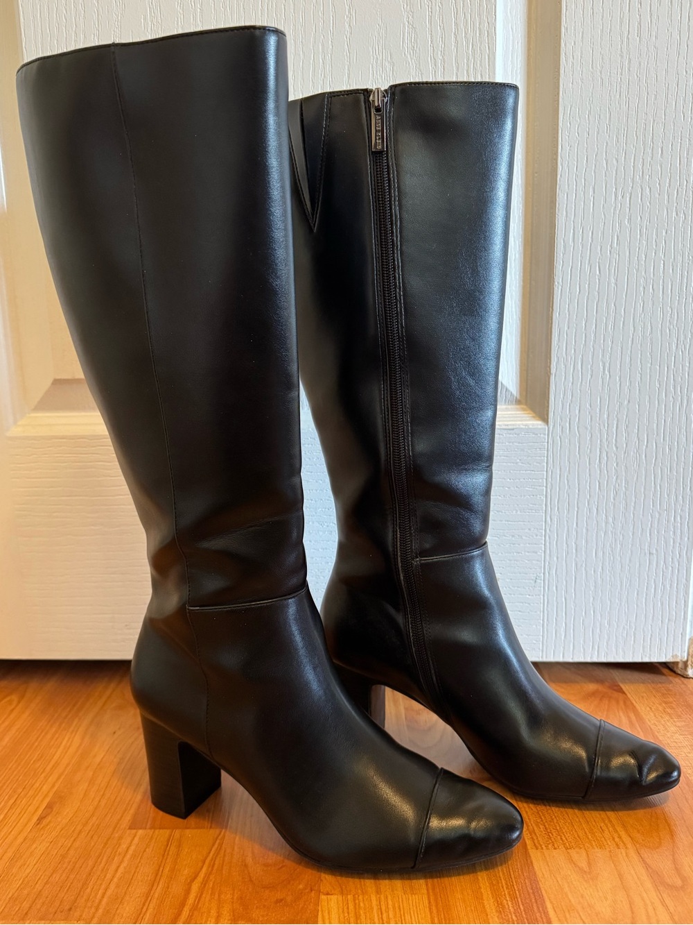 Anne Klein Black Knee-High Block Heel Leather Boots